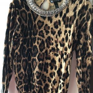 INC International concepts leopard print rhinestone embellished collar sweater